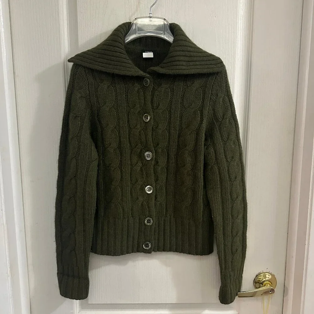 Vintage J. Crew Women Green Cable Cardigan Cashmere Wool Blend Size Small - Picture 1 of 7